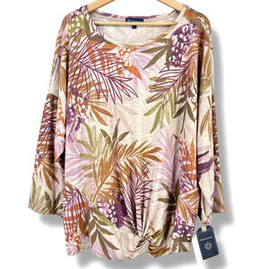 New Democracy Drop Shoulder Twist Hem Tropical Floral Print Shirt Plus Size 2X